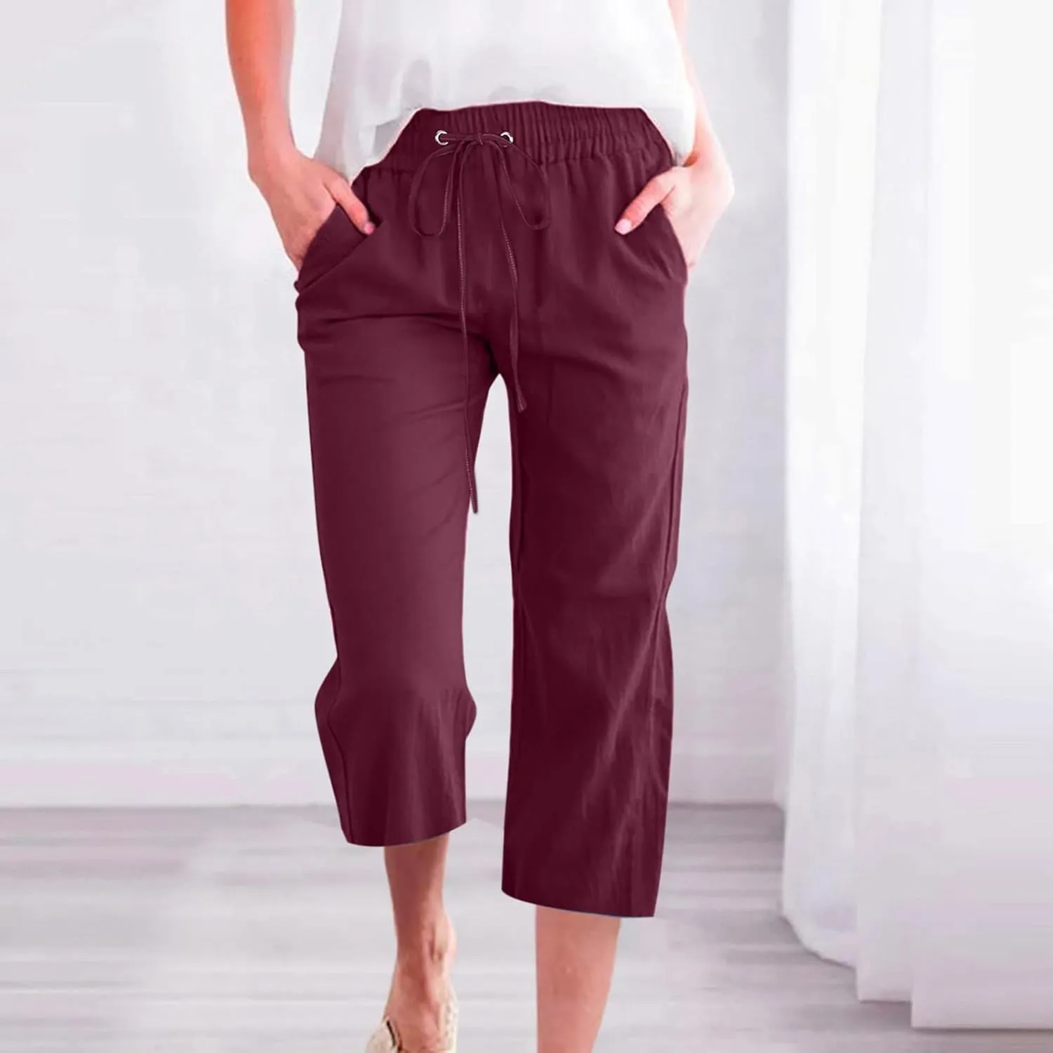 SMIDOW Womens Cotton Linen Capris Pants Drawstring High Waist Pants Wide Leg Cropped Pants Loose Comfy Trousers with Pockets