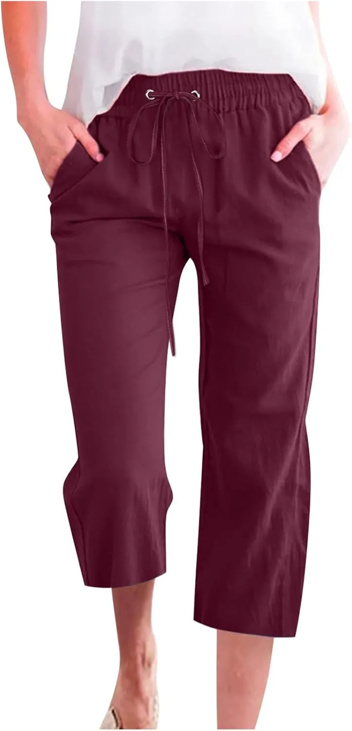 SMIDOW Womens Cotton Linen Capris Pants Drawstring High Waist Pants Wide Leg Cropped Pants Loose Comfy Trousers with Pockets