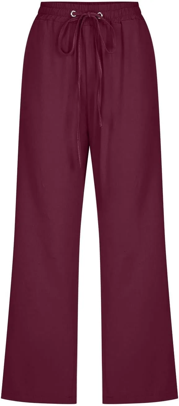 SMIDOW Womens Cotton Linen Capris Pants Drawstring High Waist Pants Wide Leg Cropped Pants Loose Comfy Trousers with Pockets