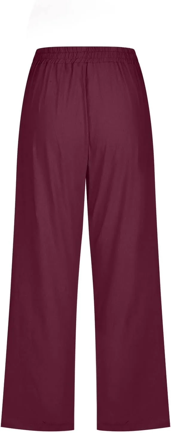 SMIDOW Womens Cotton Linen Capris Pants Drawstring High Waist Pants Wide Leg Cropped Pants Loose Comfy Trousers with Pockets