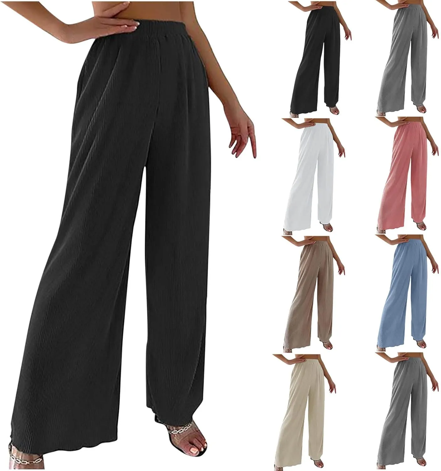 SMIDOW Womens Fashion Wide Leg Pants Casual Loose Elastic High Waist Palazzo Lounge Pants Solid Bootcut Trousers