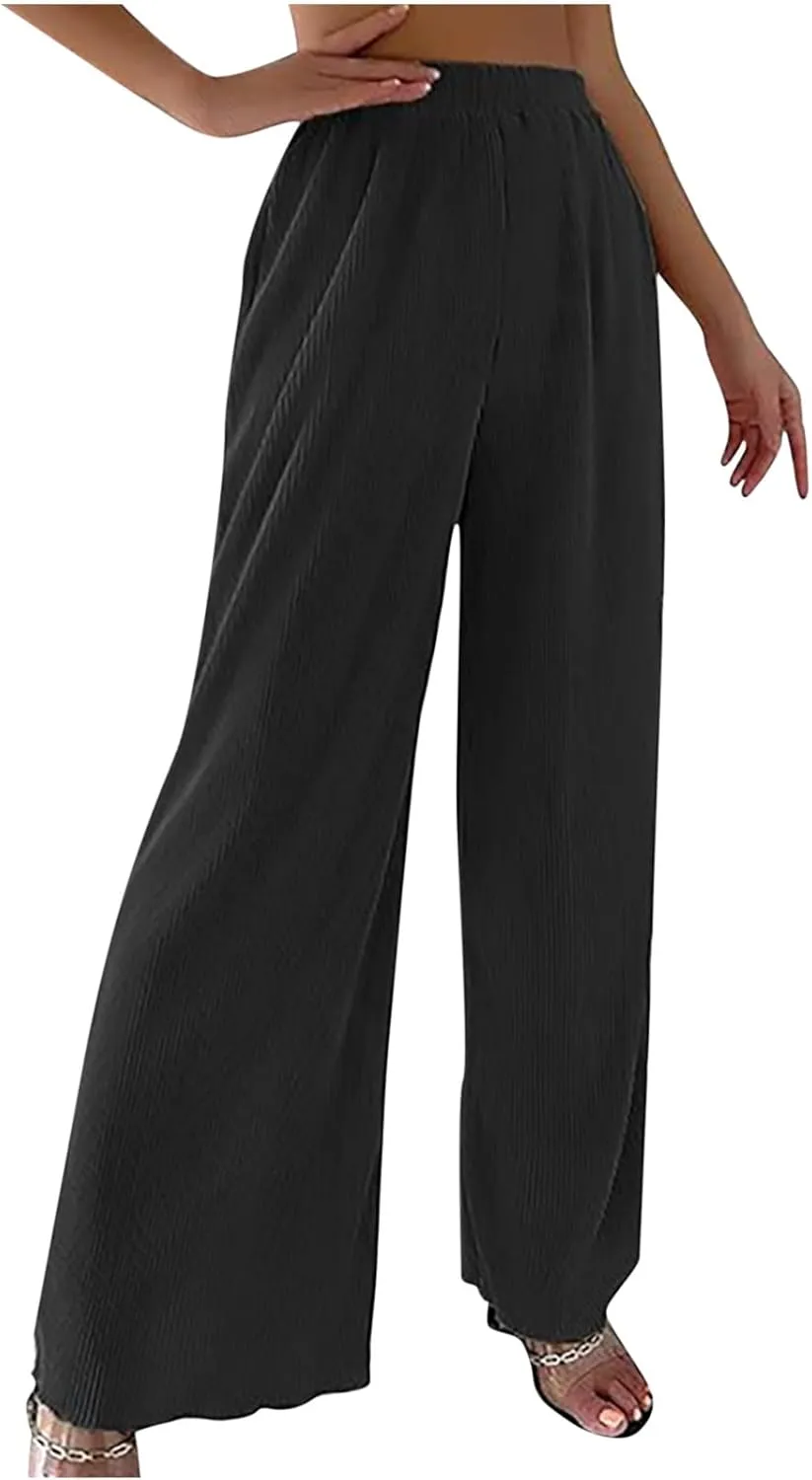 SMIDOW Womens Fashion Wide Leg Pants Casual Loose Elastic High Waist Palazzo Lounge Pants Solid Bootcut Trousers