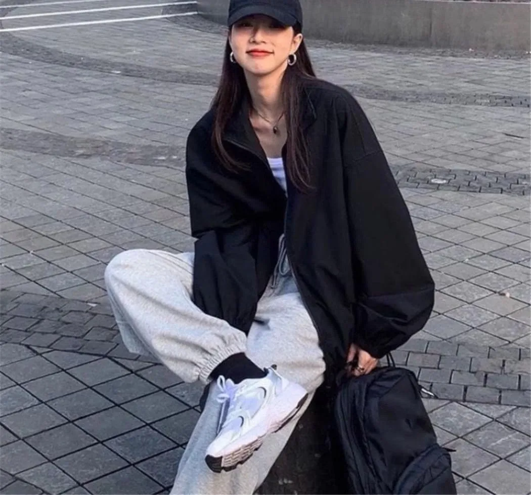 Spring Autumn Woman Casual Street Light Coat Korean Harajuku Oversize Jacket Zip Up Outerwears