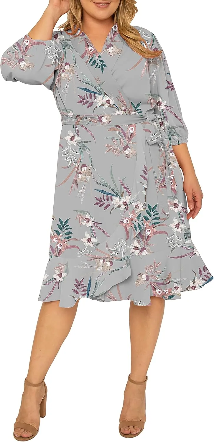 Standards & Practices Women's Plus Size Double Georgette Dusty Pink Ruffles Hem Wrap Dress Midi Length