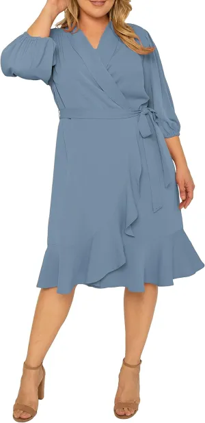 Standards & Practices Women's Plus Size Double Georgette Dusty Pink Ruffles Hem Wrap Dress Midi Length