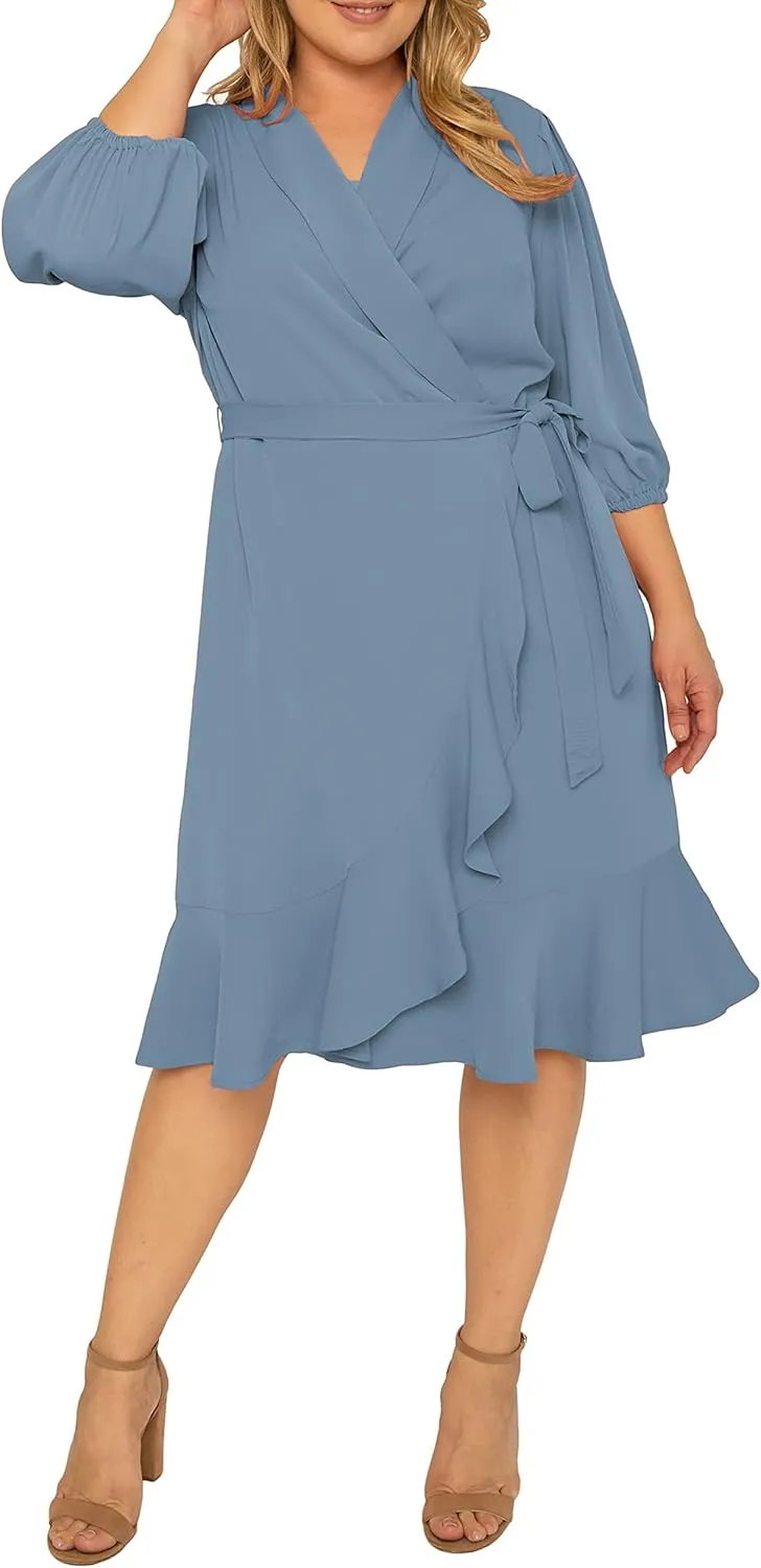 Standards & Practices Women's Plus Size Double Georgette Dusty Pink Ruffles Hem Wrap Dress Midi Length