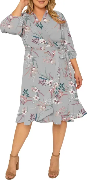 Standards & Practices Women's Plus Size Double Georgette Dusty Pink Ruffles Hem Wrap Dress Midi Length
