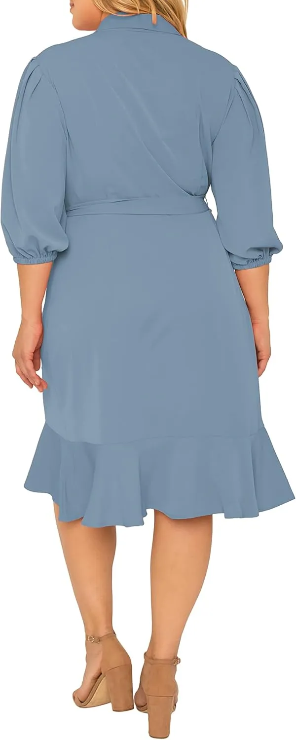 Standards & Practices Women's Plus Size Double Georgette Dusty Pink Ruffles Hem Wrap Dress Midi Length