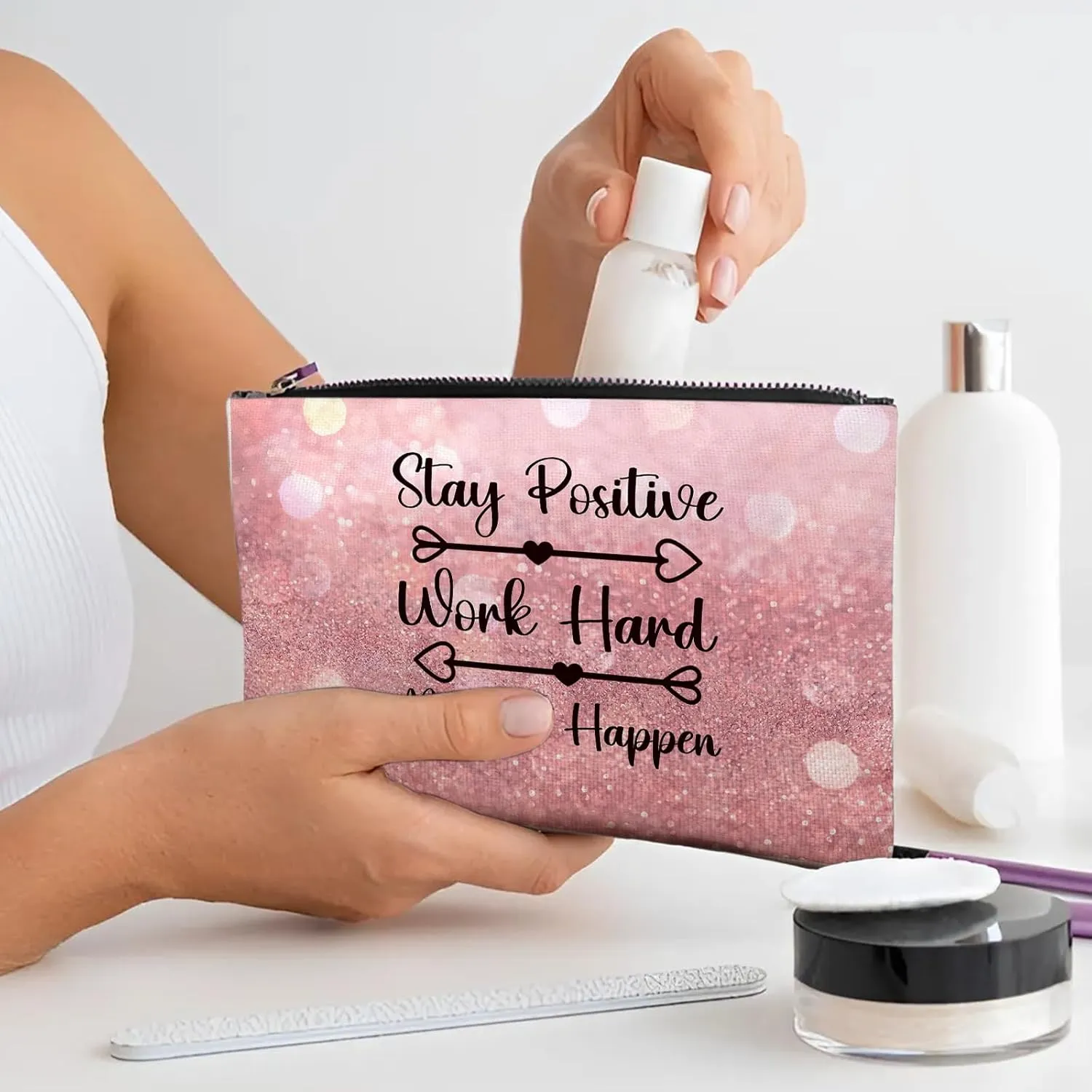 Stay Positive Makeup Bag, Inspirational Motivational Gifts For Women Men, Stay Positive Makeup Pouch, Travel Toiletry Bag With Zipper, Birthday Graduation Christmas Gifts For Women Bestie Her