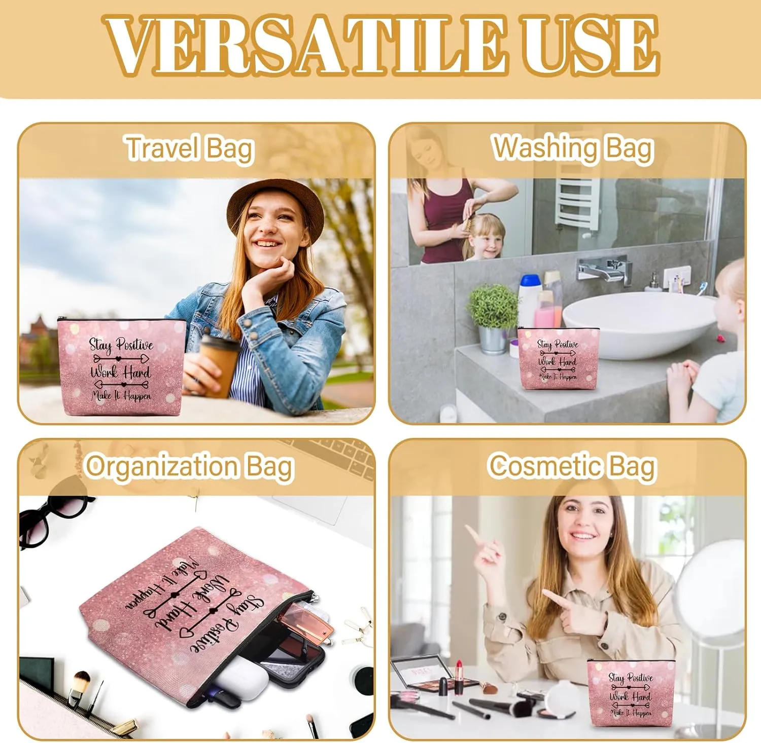 Stay Positive Makeup Bag, Inspirational Motivational Gifts For Women Men, Stay Positive Makeup Pouch, Travel Toiletry Bag With Zipper, Birthday Graduation Christmas Gifts For Women Bestie Her