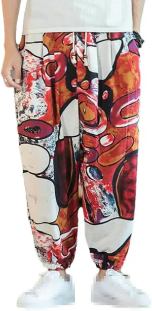 Streetwear Mens Harem Pants Vintage Linen Casual Pants Jogging Male Wide Leg Trousers Big Size