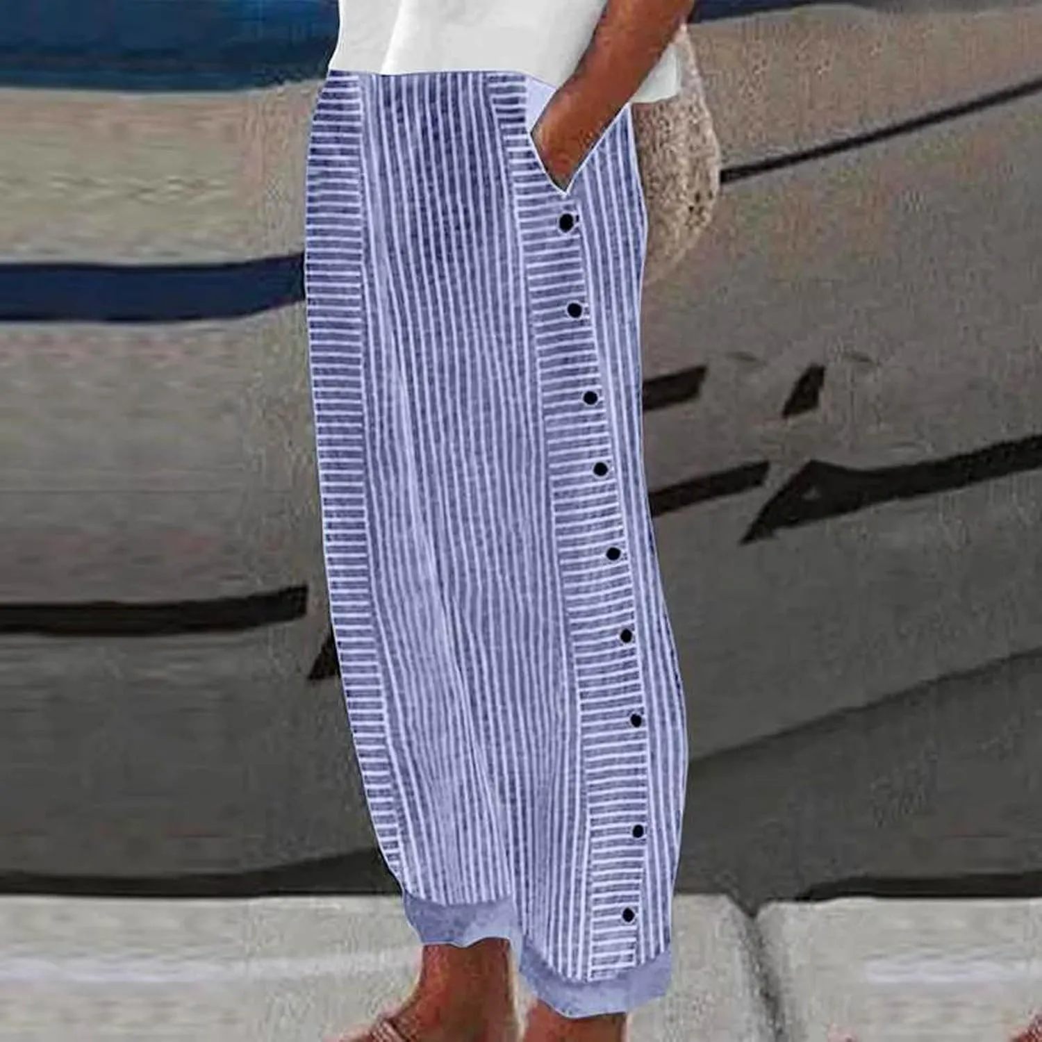 Striped Linen Pants for Women Wide Straight Leg Side Button Pants Womens 2025 Baggy Elastic Waist Pants