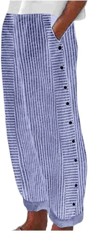 Striped Linen Pants for Women Wide Straight Leg Side Button Pants Womens 2025 Baggy Elastic Waist Pants