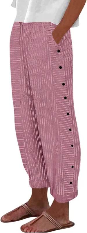 Striped Linen Pants Women Casual High Waisted Wide Leg Cropped Pants Summer Beach Gauze Capri Trousers with Pockets