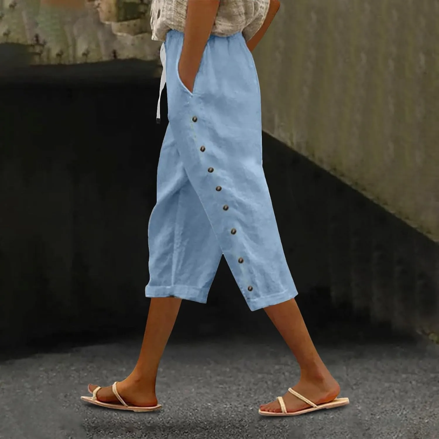 Striped Pants Women Linen Capris for Women Summer Wide Leg Loose Drawstring Elastic Waist Trouser