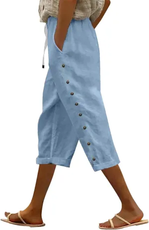 Striped Pants Women Linen Capris for Women Summer Wide Leg Loose Drawstring Elastic Waist Trouser