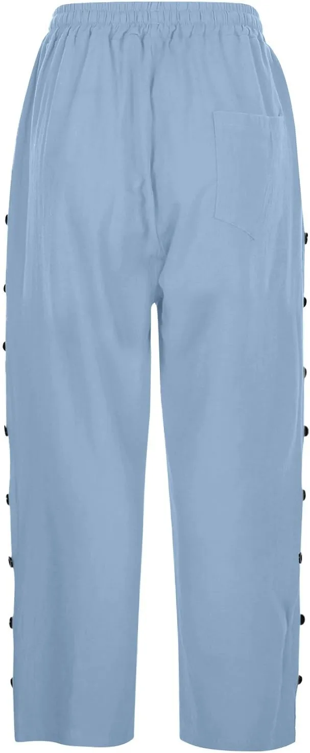 Striped Pants Women Linen Capris for Women Summer Wide Leg Loose Drawstring Elastic Waist Trouser