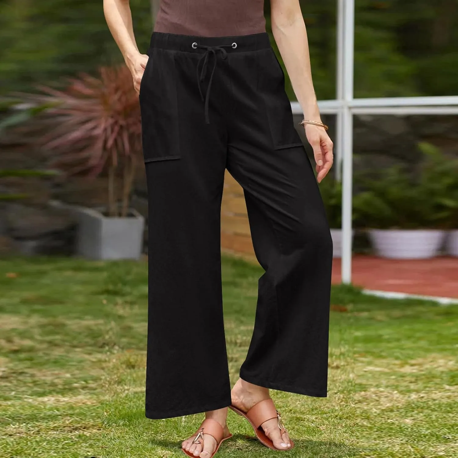 Summer Pants for Women Plus Size Cotton Linen Pant High Waisted Drawstring Wide Leg Lounge Trousers with Pockets