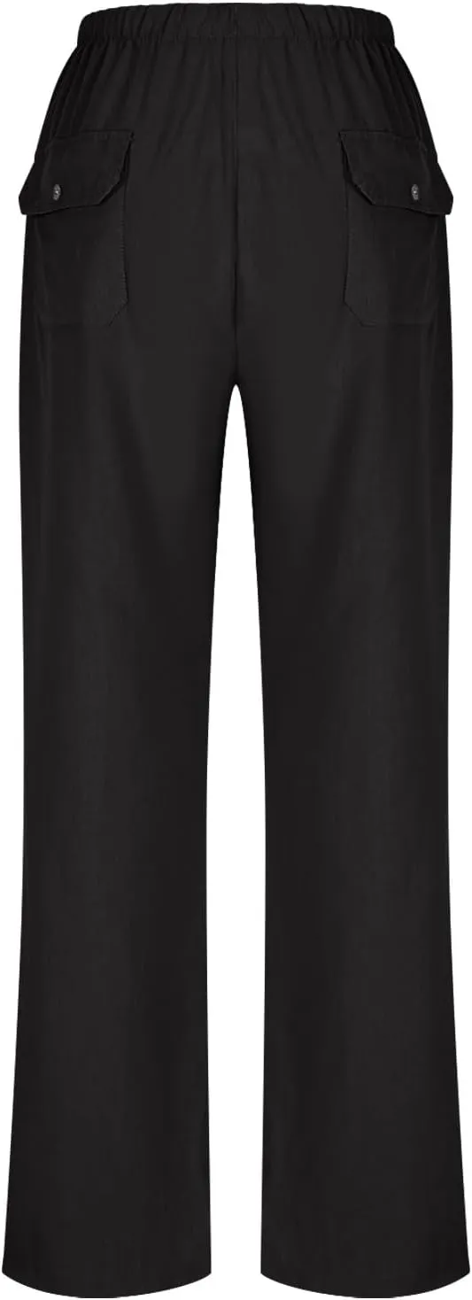 Summer Pants for Women Plus Size Cotton Linen Pant High Waisted Drawstring Wide Leg Lounge Trousers with Pockets