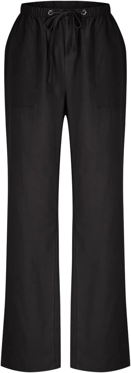 Summer Pants for Women Plus Size Cotton Linen Pant High Waisted Drawstring Wide Leg Lounge Trousers with Pockets