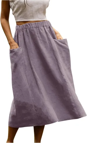 Summer Skirts for Women 2025 Trendy Soft Elastic Waisted Linen Skirt Midi Length Flowy Pleated Beach Maxi Skirt