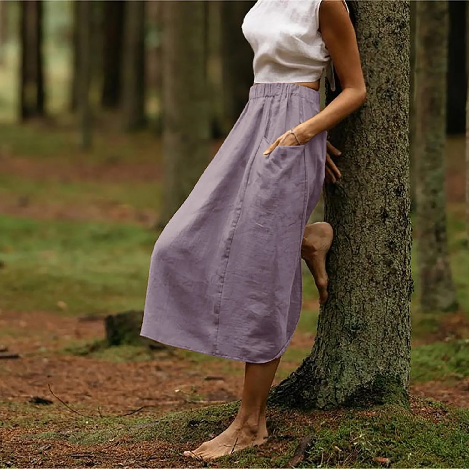 Summer Skirts for Women 2025 Trendy Soft Elastic Waisted Linen Skirt Midi Length Flowy Pleated Beach Maxi Skirt
