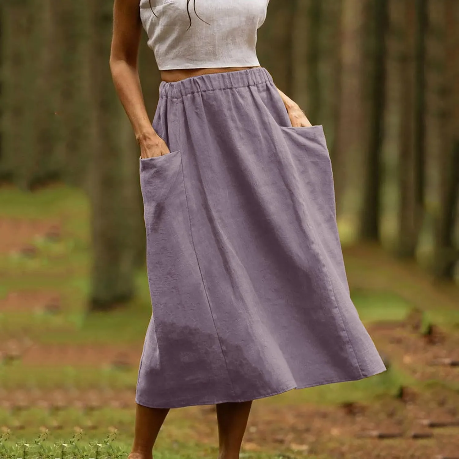 Summer Skirts for Women 2025 Trendy Soft Elastic Waisted Linen Skirt Midi Length Flowy Pleated Beach Maxi Skirt