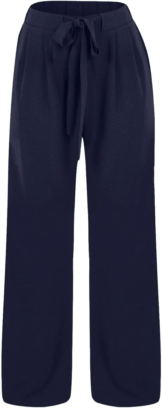 Summer Wide Leg Linen Pants for Women with Pockets High Waisted Tie Knot Beach Palazzo Pants Casual Lounge Trousers