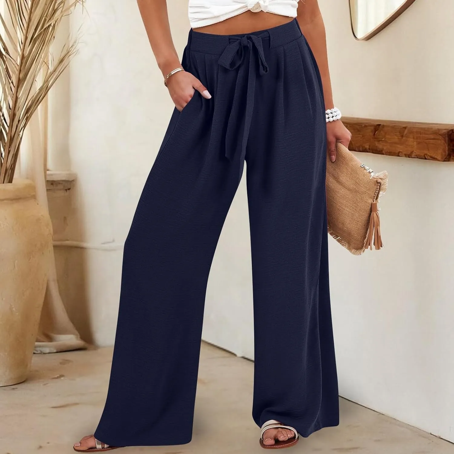 Summer Wide Leg Linen Pants for Women with Pockets High Waisted Tie Knot Beach Palazzo Pants Casual Lounge Trousers