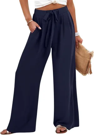 Summer Wide Leg Linen Pants for Women with Pockets High Waisted Tie Knot Beach Palazzo Pants Casual Lounge Trousers