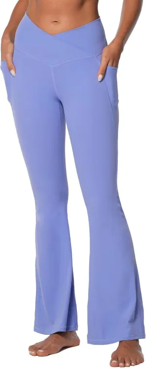 Sunzel Flare Leggings for Women with Pockets, Crossover Yoga Pants with Tummy Control, High Waisted and Wide Leg