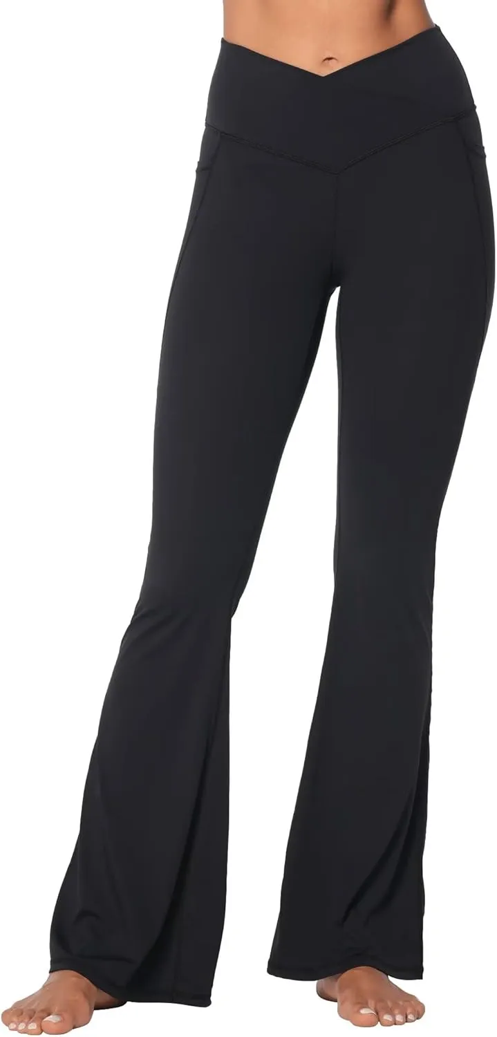 Sunzel Flare Leggings for Women with Pockets, Crossover Yoga Pants with Tummy Control, High Waisted and Wide Leg