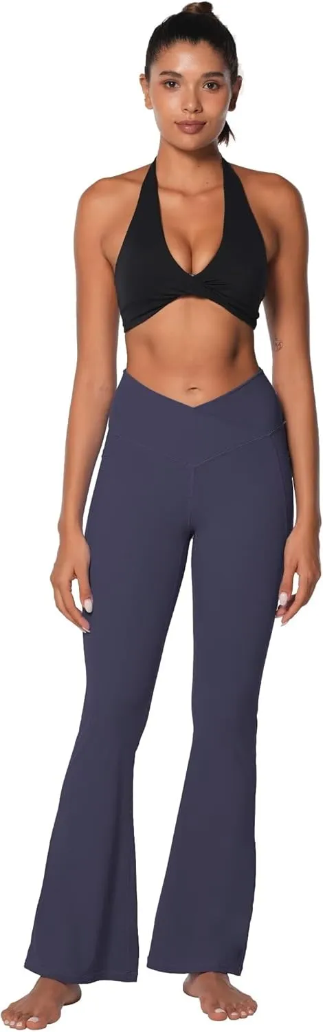 Sunzel Flare Leggings for Women with Pockets, Crossover Yoga Pants with Tummy Control, High Waisted and Wide Leg