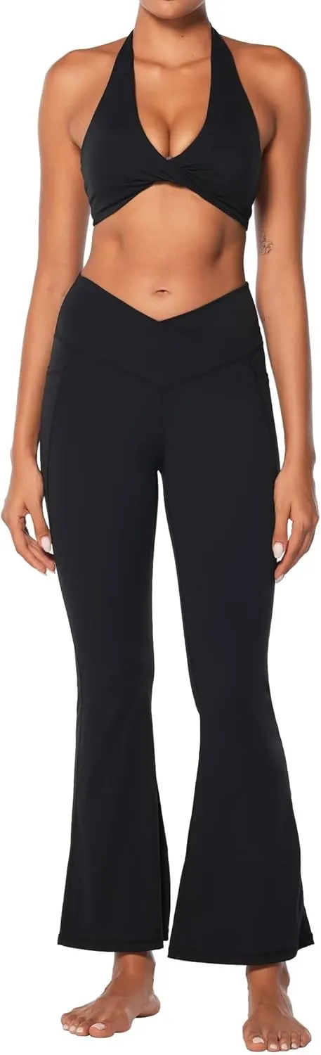 Sunzel Flare Leggings for Women with Pockets, Crossover Yoga Pants with Tummy Control, High Waisted and Wide Leg