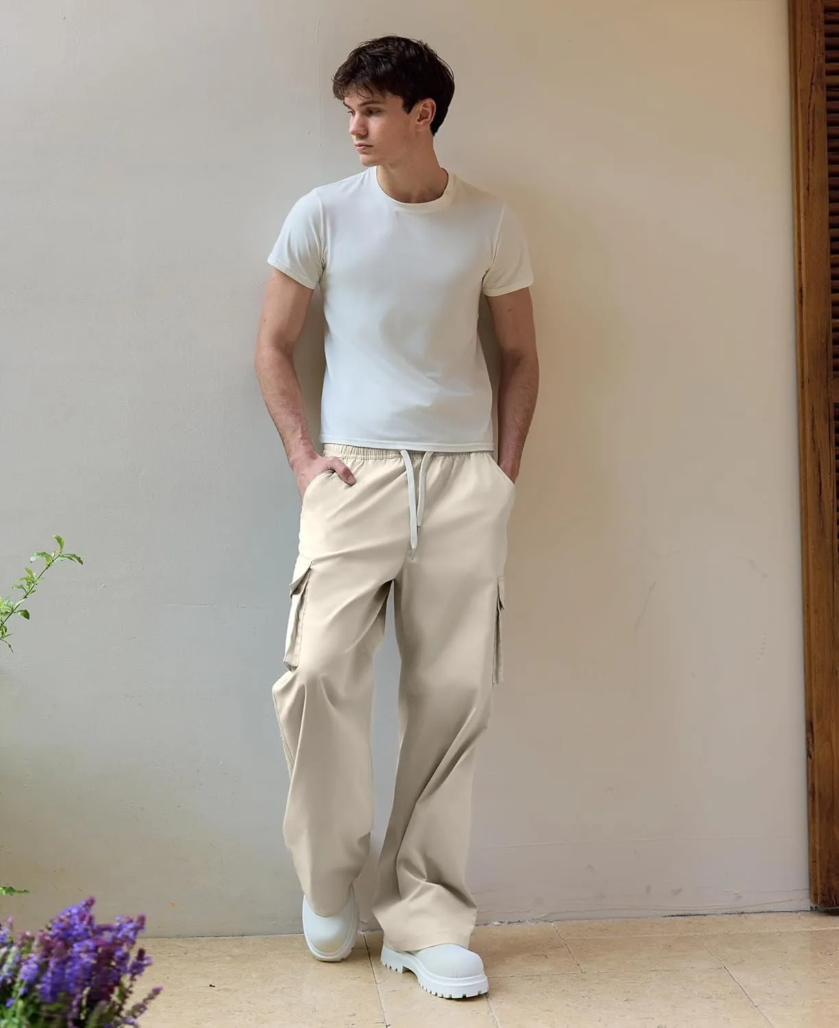 Susclude Mens Baggy Cargo Pants Wide Leg Sweatpants Y2K Summer Lightweight Elastic Waist Stretch Casual Pants for 2025
