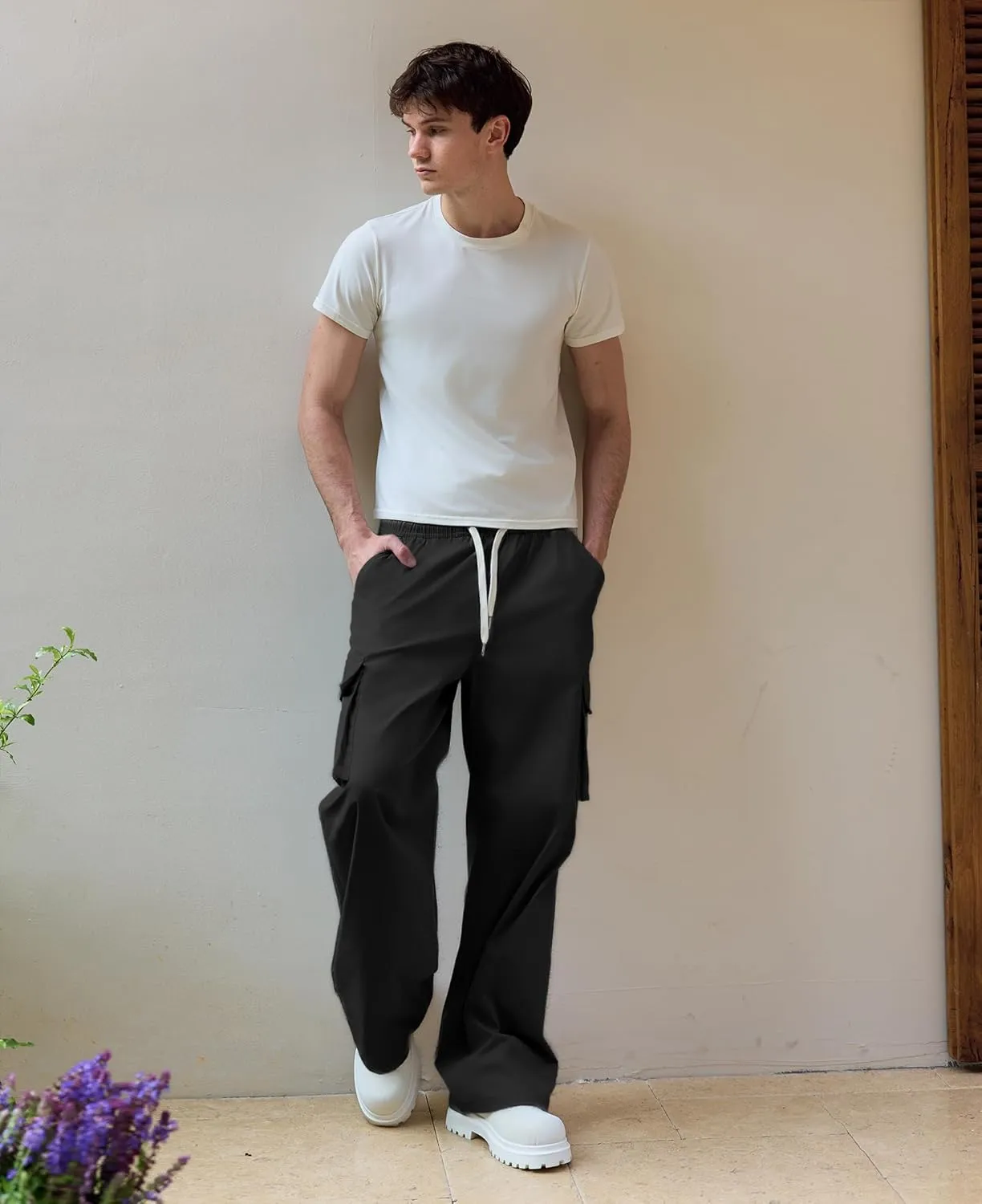 Susclude Mens Baggy Cargo Pants Wide Leg Sweatpants Y2K Summer Lightweight Elastic Waist Stretch Casual Pants for 2025