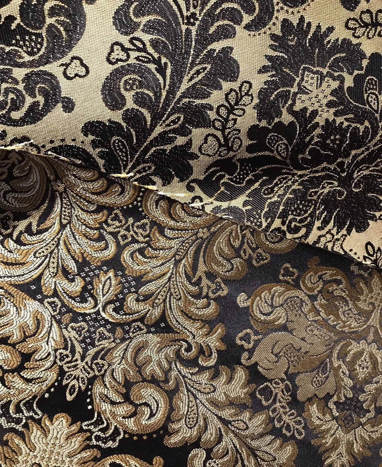 SWATCH 5” x 8” - Prince Liam Brocade Satin Jacquard Fabric- Black Gold- Upholstery Medallion LLPBK0003