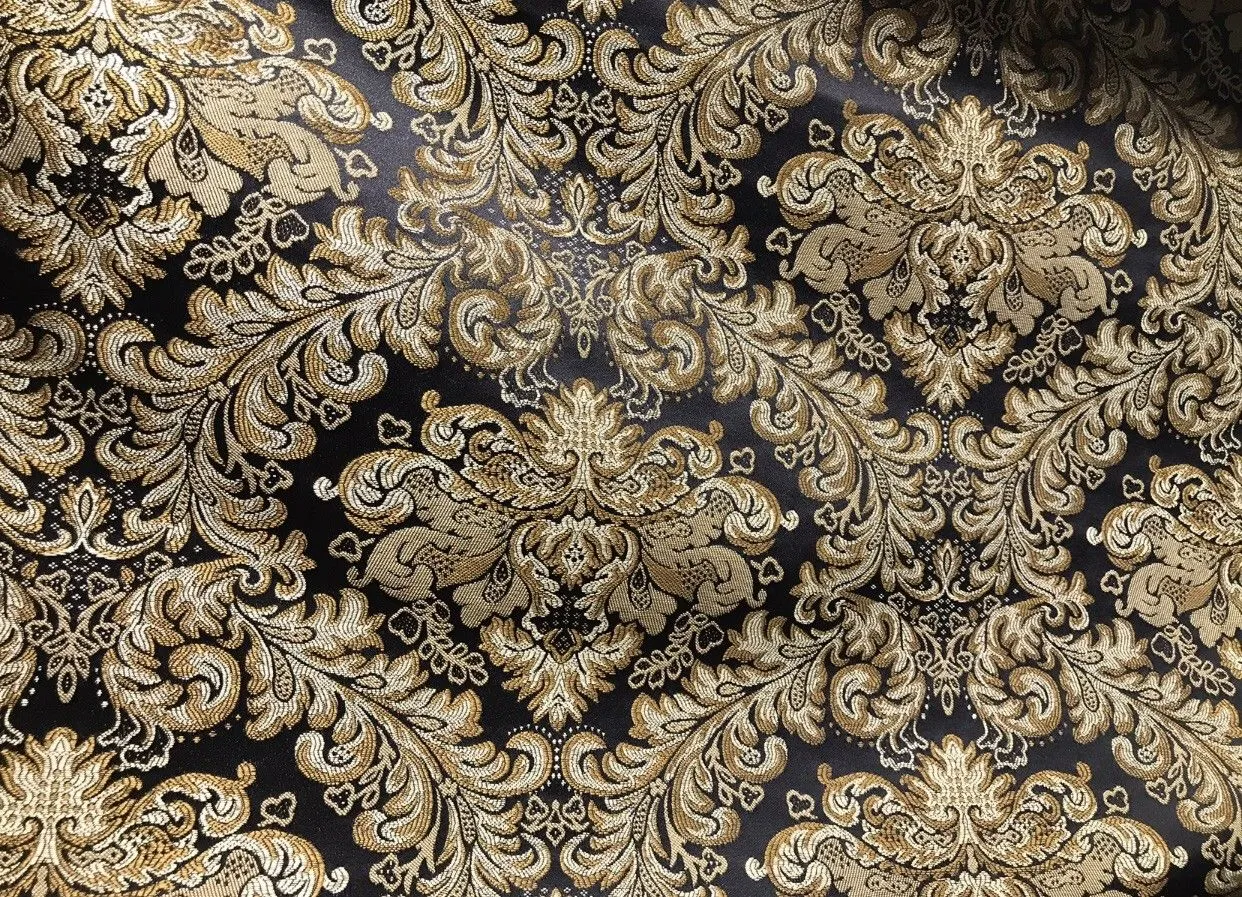 SWATCH 5” x 8” - Prince Liam Brocade Satin Jacquard Fabric- Black Gold- Upholstery Medallion LLPBK0003
