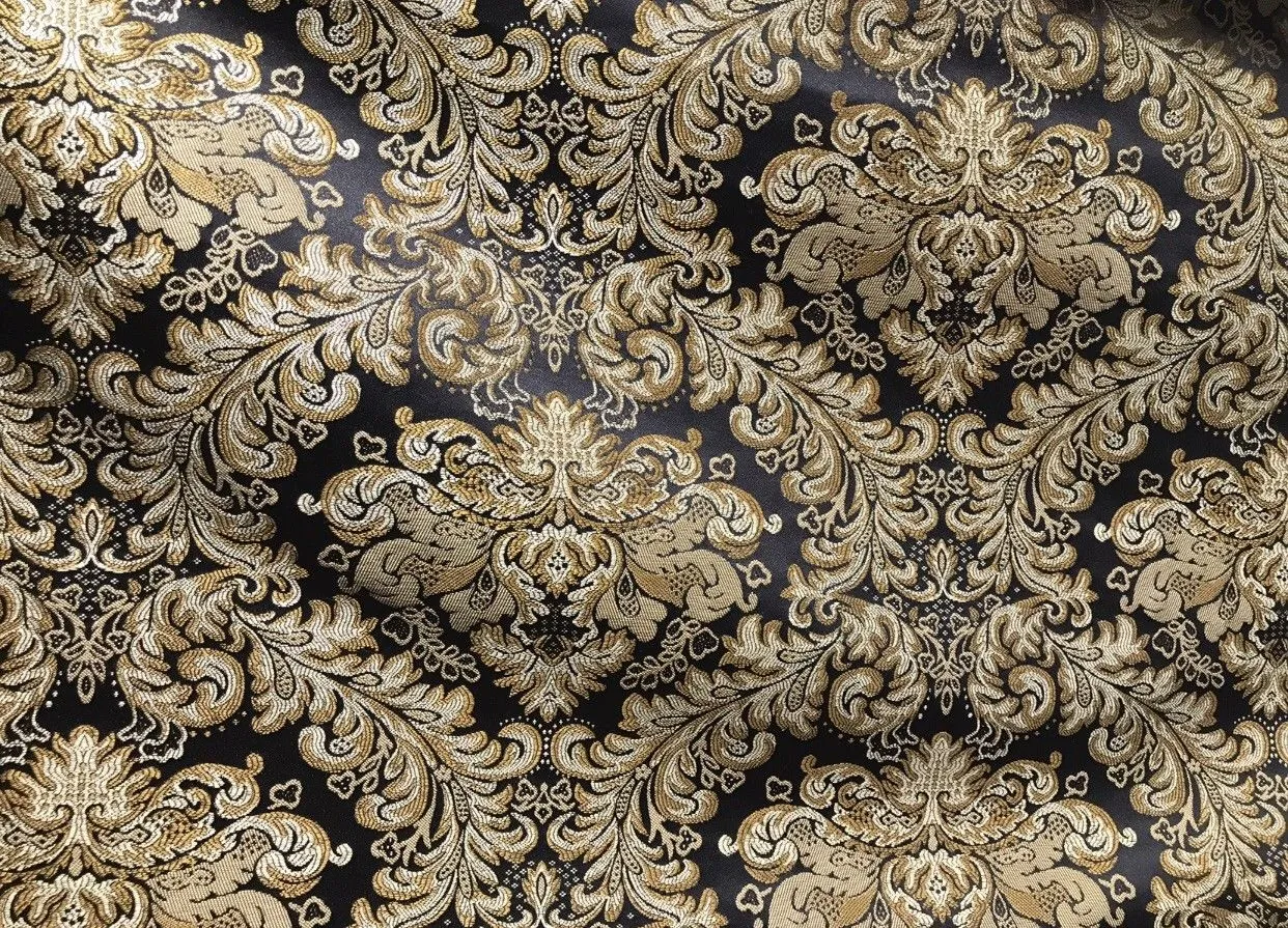 SWATCH 5” x 8” - Prince Liam Brocade Satin Jacquard Fabric- Black Gold- Upholstery Medallion LLPBK0003