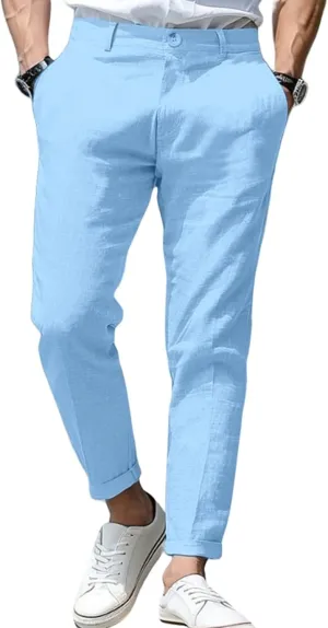 Thatrich Mens Suit Pants Slim Fit Straight Leg Business Casual Pant Cotton Linen Breathable Trousers Comfy Work Formal Wear