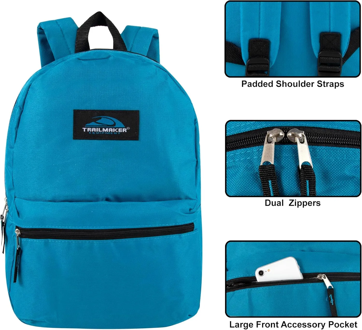 Trail maker Classic 17 Inch Backpack with Adjustable Padded Shoulder Straps (Light Blue)