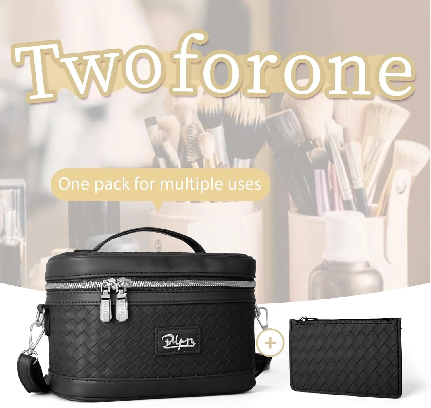 Travel Makeup Bag for Women: Large Capacity Cosmetic Bag Set of 2 - Vegan Leather Vanity Case with Mirror - Crossbody Waterproof Toiletry Bag Make up Organizer Case (Black)