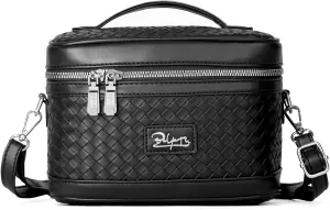 Travel Makeup Bag for Women: Large Capacity Cosmetic Bag Set of 2 - Vegan Leather Vanity Case with Mirror - Crossbody Waterproof Toiletry Bag Make up Organizer Case (Black)