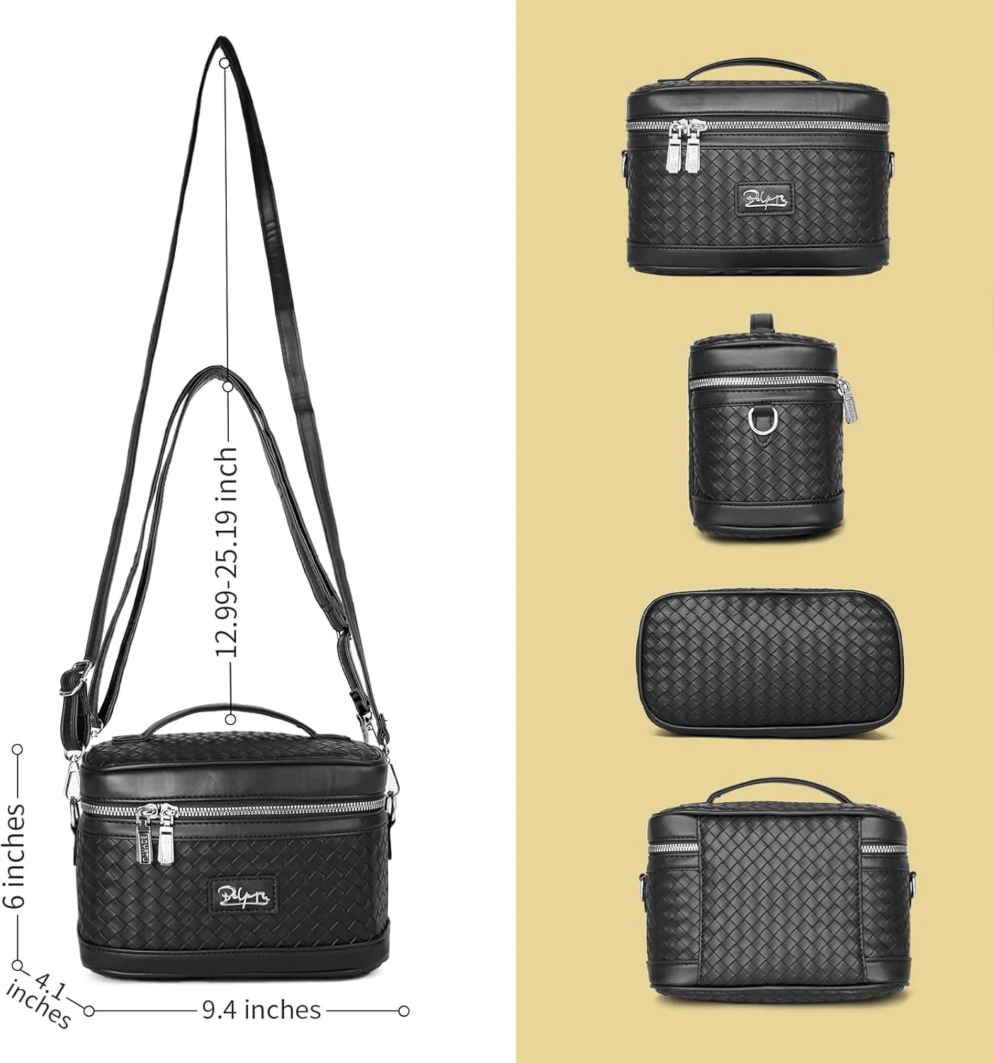 Travel Makeup Bag for Women: Large Capacity Cosmetic Bag Set of 2 - Vegan Leather Vanity Case with Mirror - Crossbody Waterproof Toiletry Bag Make up Organizer Case (Black)