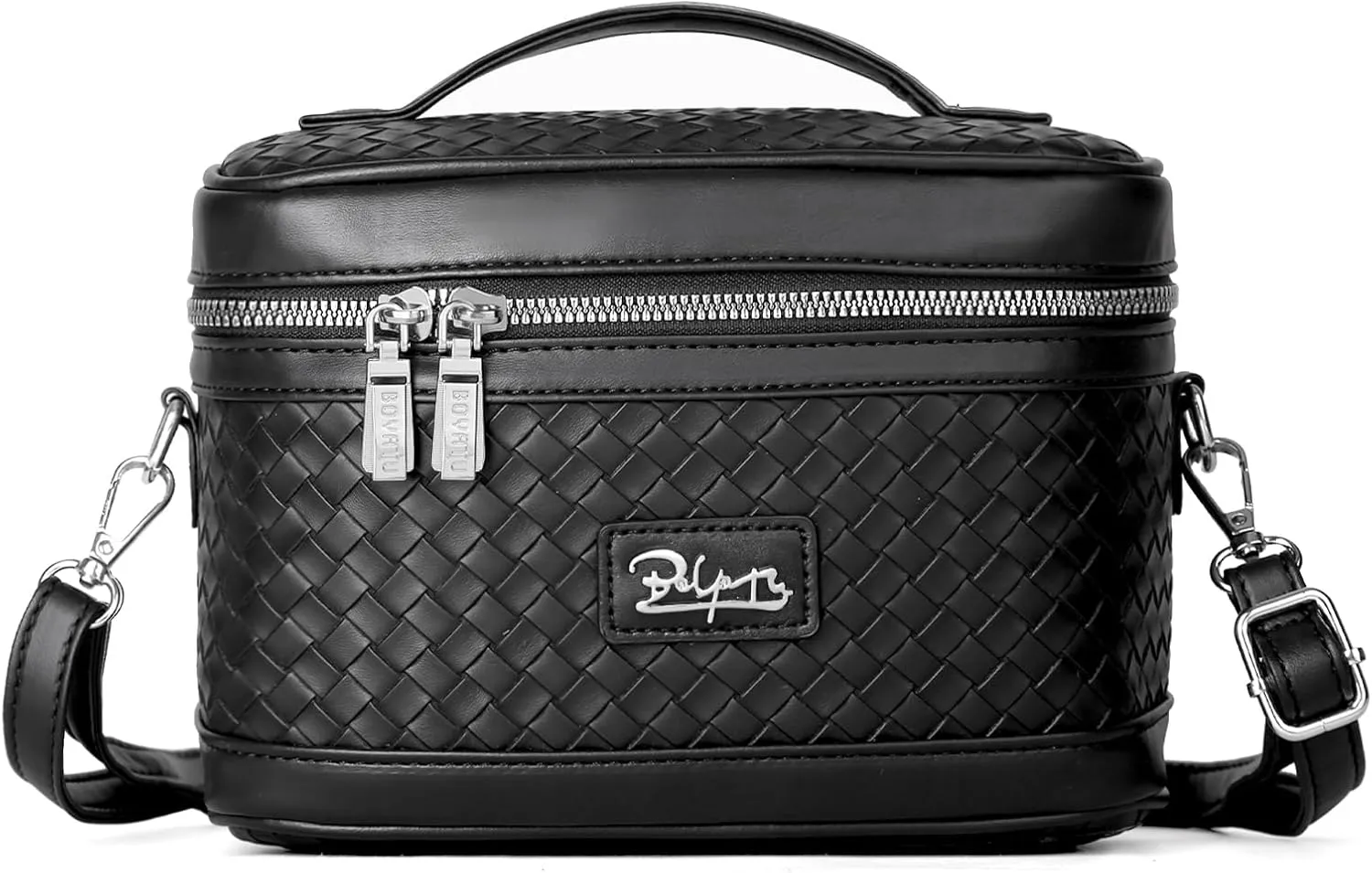 Travel Makeup Bag for Women: Large Capacity Cosmetic Bag Set of 2 - Vegan Leather Vanity Case with Mirror - Crossbody Waterproof Toiletry Bag Make up Organizer Case (Black)