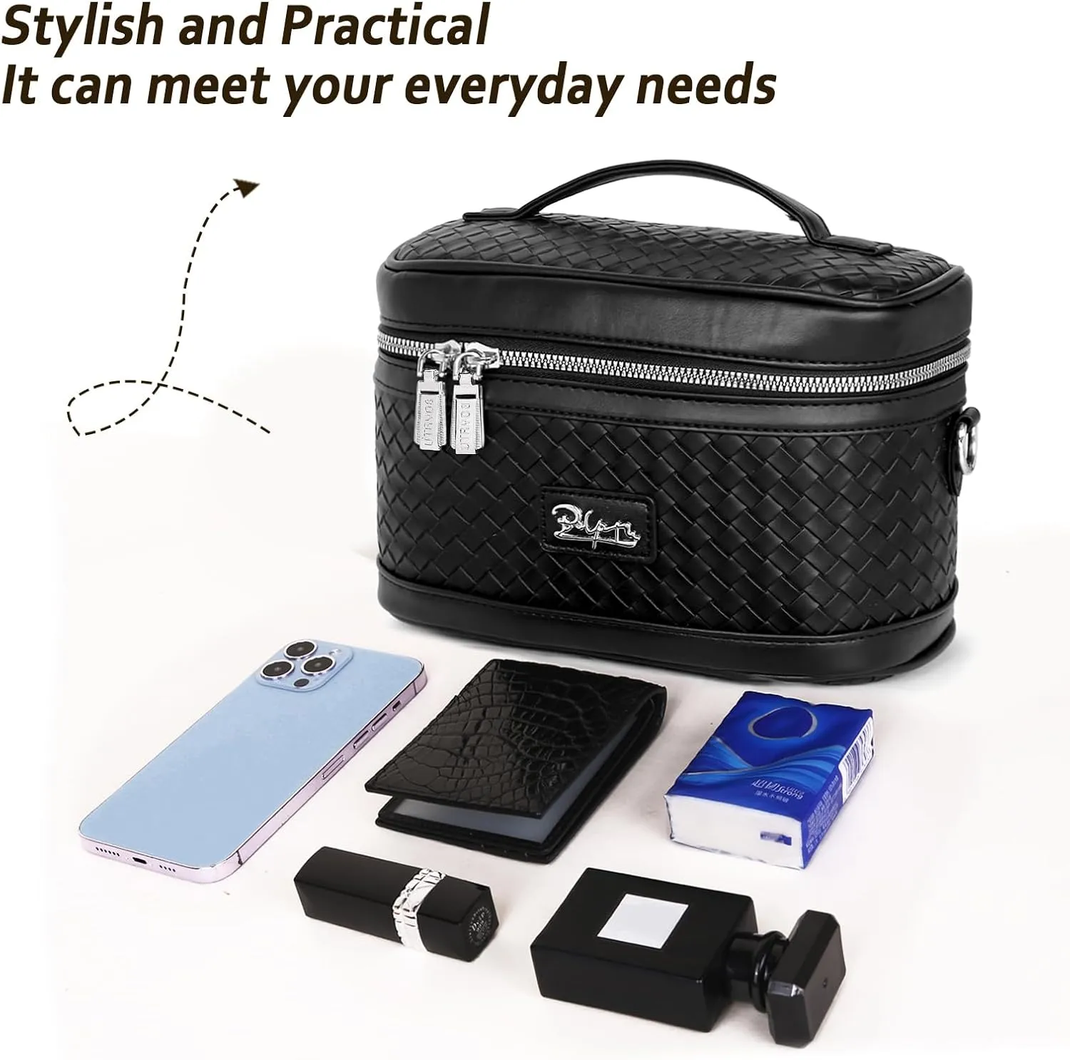 Travel Makeup Bag for Women: Large Capacity Cosmetic Bag Set of 2 - Vegan Leather Vanity Case with Mirror - Crossbody Waterproof Toiletry Bag Make up Organizer Case (Black)