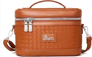 Travel Makeup Bag for Women: Large Capacity Cosmetic Bag Set of 2 - Vegan Leather Vanity Case with Mirror - Crossbody Waterproof Toiletry Bag Make up Organizer Case (Brown)