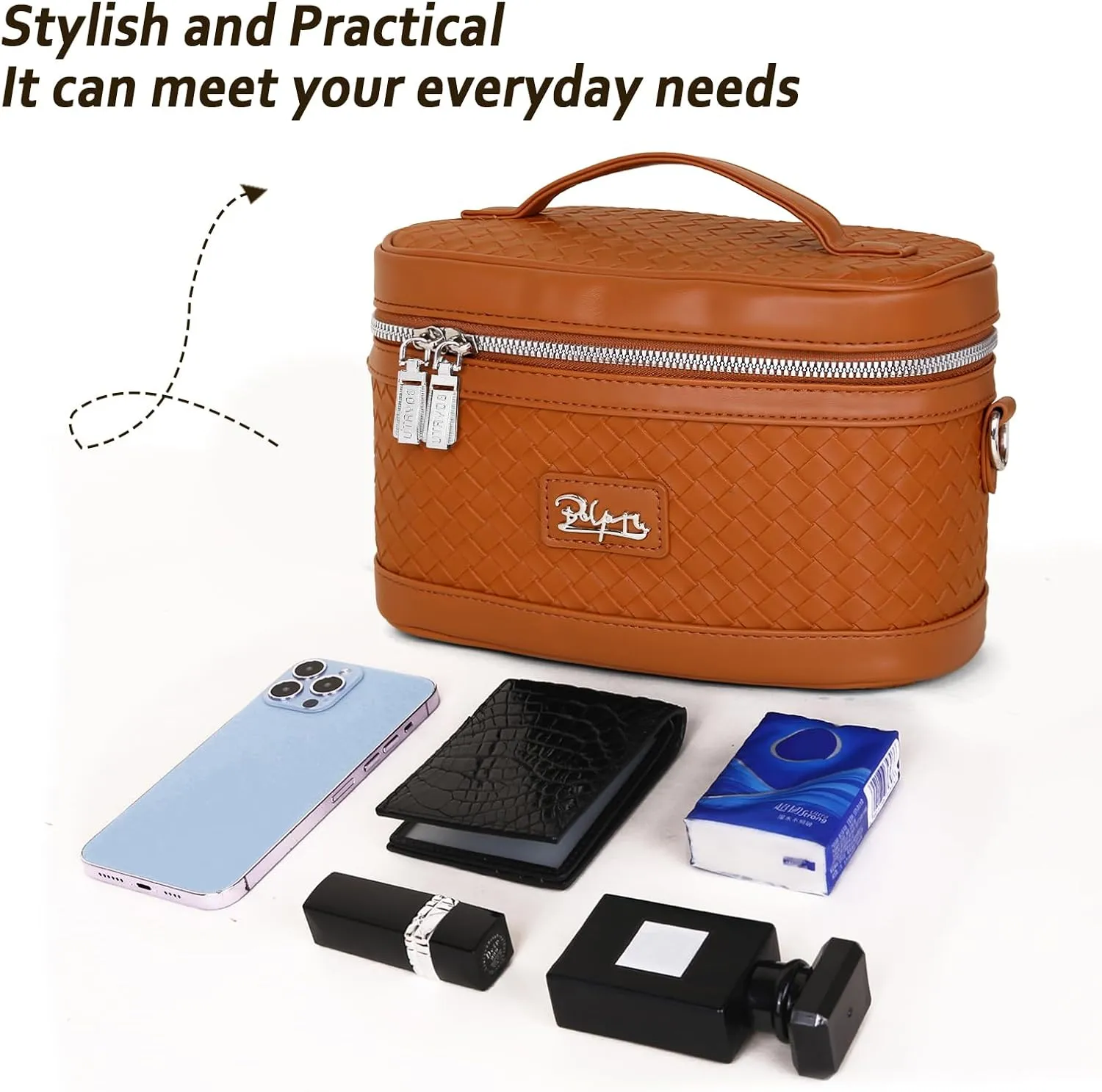 Travel Makeup Bag for Women: Large Capacity Cosmetic Bag Set of 2 - Vegan Leather Vanity Case with Mirror - Crossbody Waterproof Toiletry Bag Make up Organizer Case (Brown)