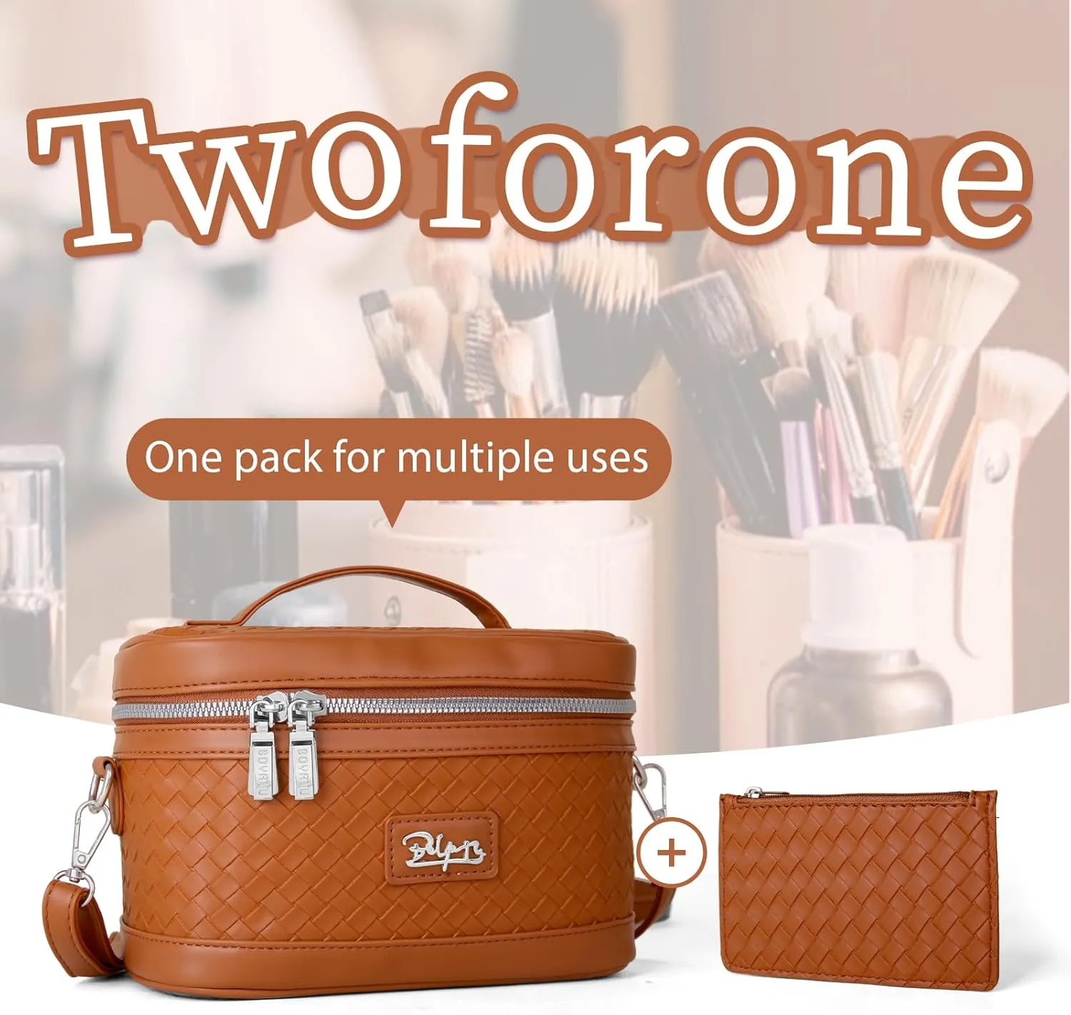 Travel Makeup Bag for Women: Large Capacity Cosmetic Bag Set of 2 - Vegan Leather Vanity Case with Mirror - Crossbody Waterproof Toiletry Bag Make up Organizer Case (Brown)