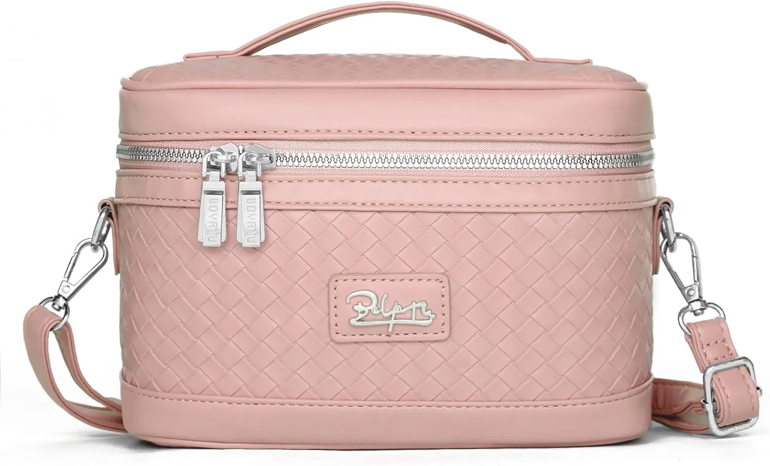 Travel Makeup Bag for Women: Large Capacity Cosmetic Bag Set of 2 - Vegan Leather Vanity Case with Mirror - Crossbody Waterproof Toiletry Bag Make up Organizer Case (Pink)
